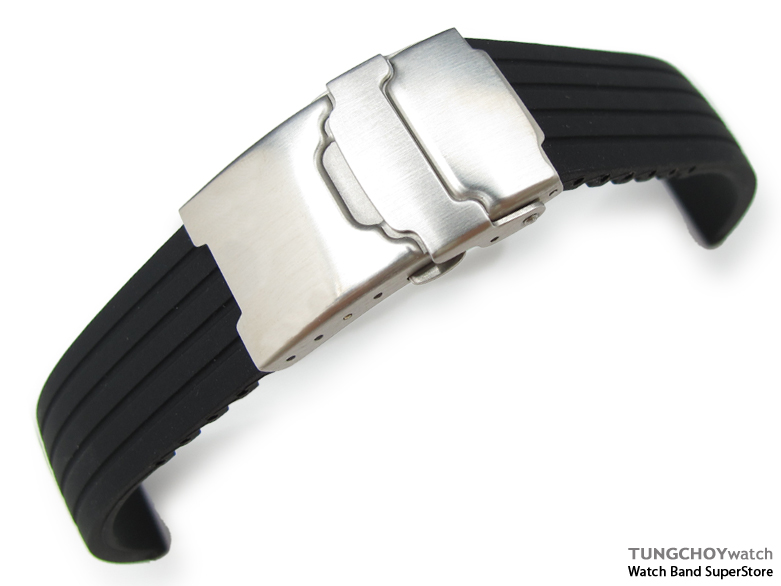 20mm 4 Groove Line Black Silicon Watch Strap on Diver Clasp, B