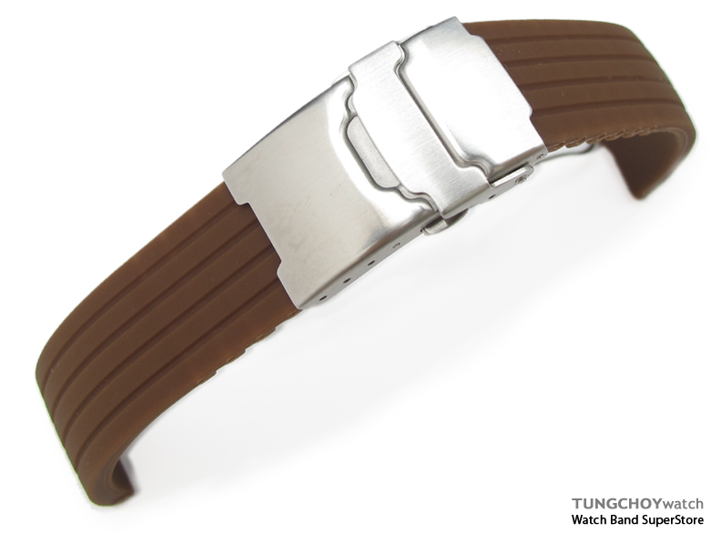20mm 4 Groove Line Choco Silicon Watch Strap on Diver Clasp, B