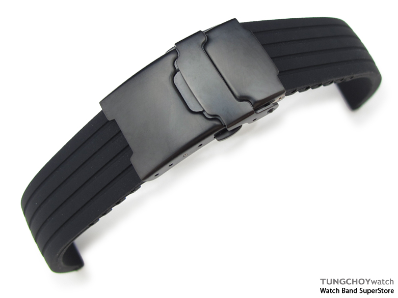 20mm 4 Groove Line Black Silicon Watch Strap on PVD Black Diver Clasp, B