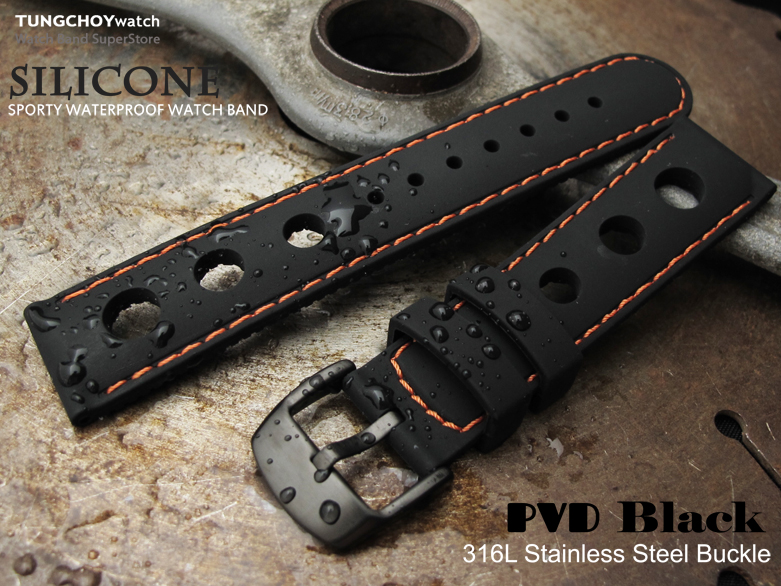 Silicon Black 3 Punch Holes with Orange Stitches 20mm Watch Strap, PVD Black Buckle