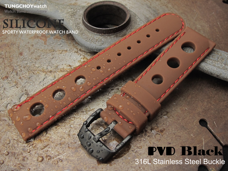 Silicon Choco 3 Punch Holes with Red Stitches 20mm Watch Strap, PVD Black Buckle