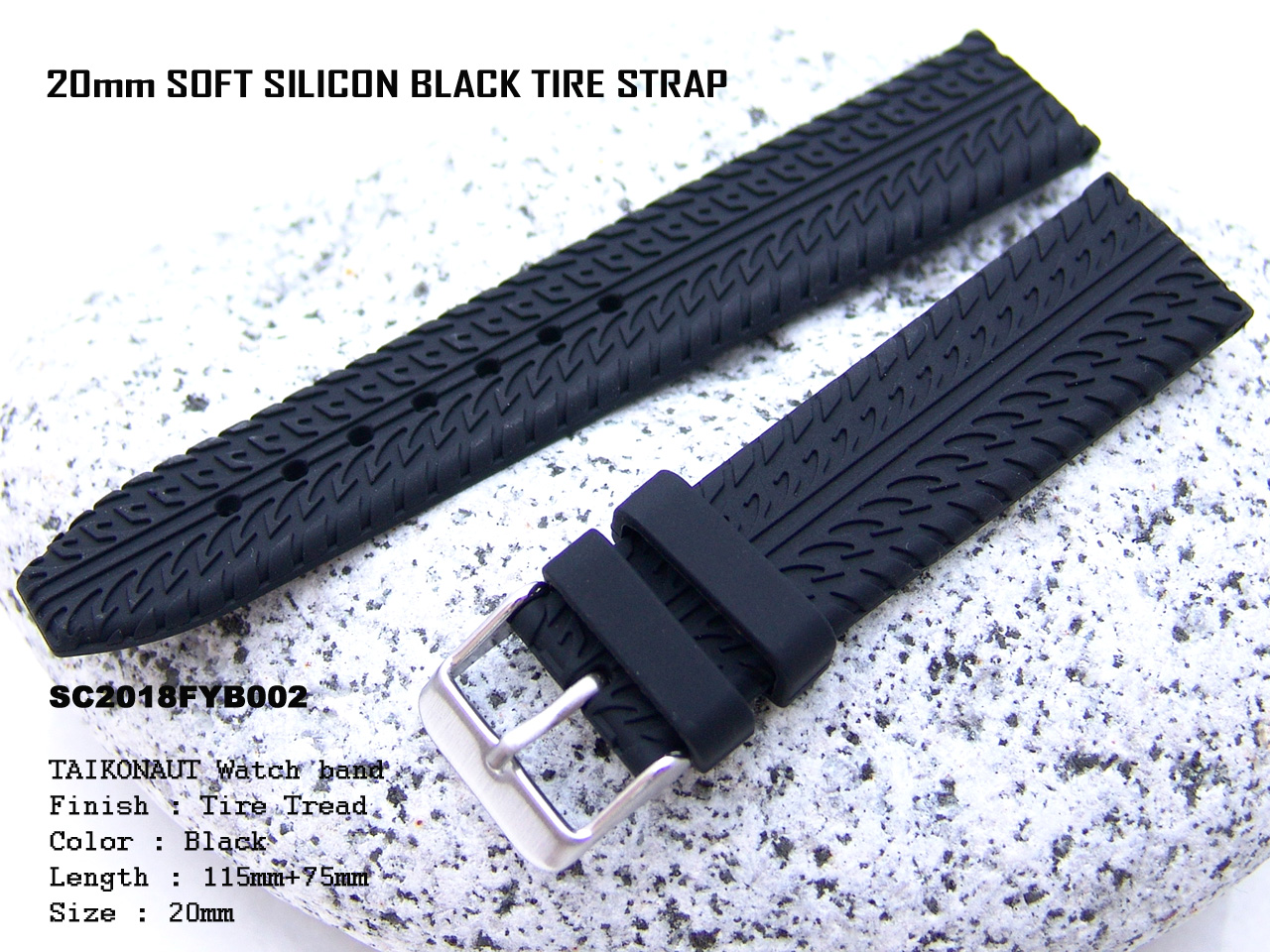 20mm Black Tire Tread Silicone Watch Band for Sport Watch Band