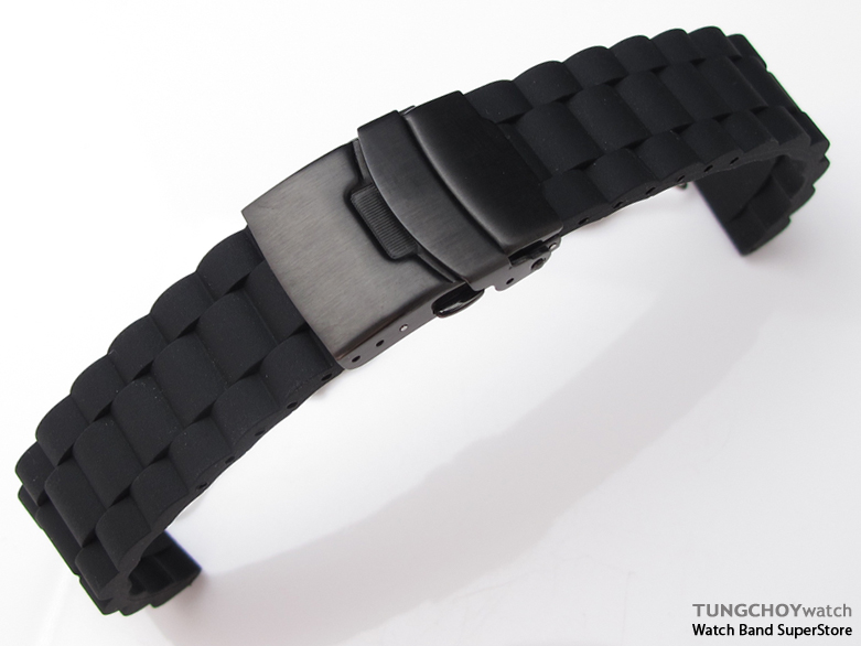 20mm Black Oyster Style Silicon Strap on PVD Black Diver Clasp for Sport Watch, B