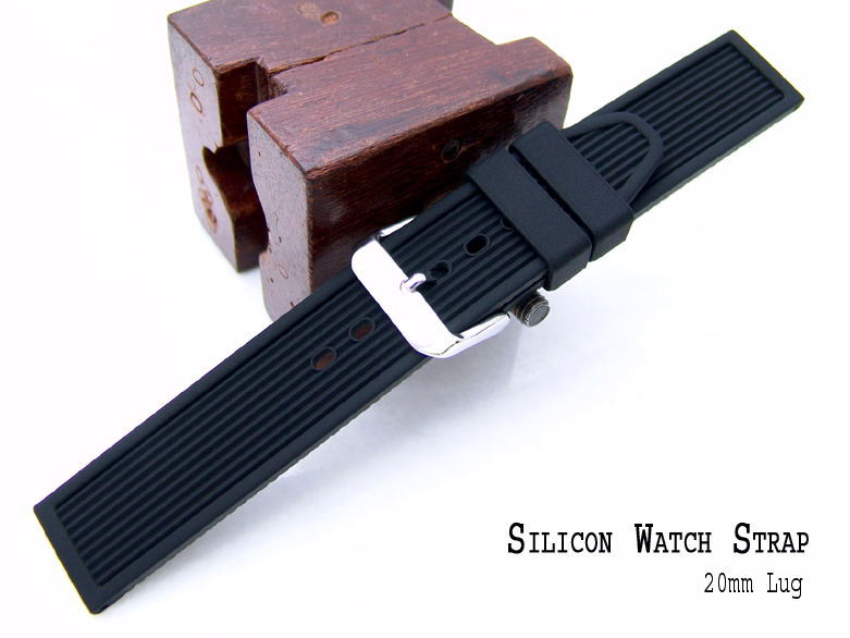 20mm Black Silicone Linear Ripple Pattern Watch Strap Watch Band