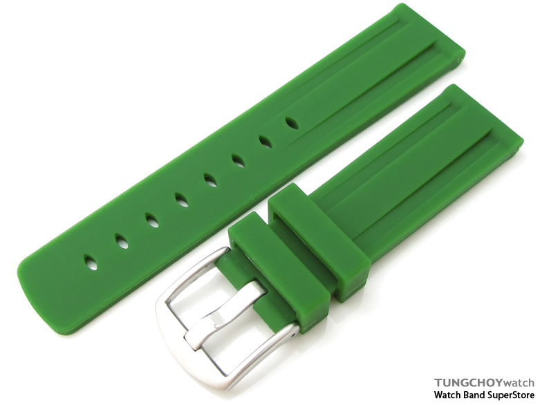 Toughness Silicon Emerald-green Double Groove 22mm Watch Strap, 316L Brushed spring bar type Buckle