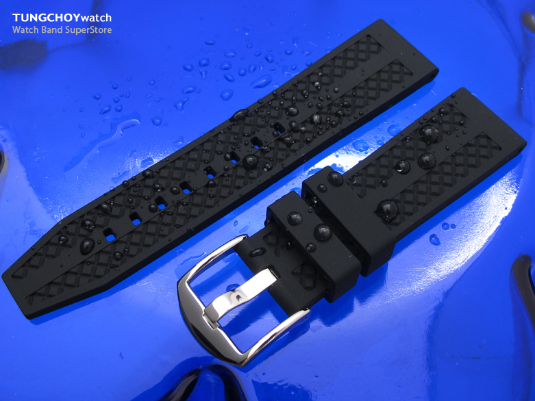 22mm Grid Pattern Matte Black Silicone Soft Watch Strap on 316L SS Polished Buckle