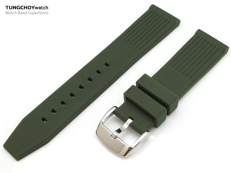 22mm Groove Lines Military Green Silicone Soft Watch Strap on 316L SS Polished Buckle