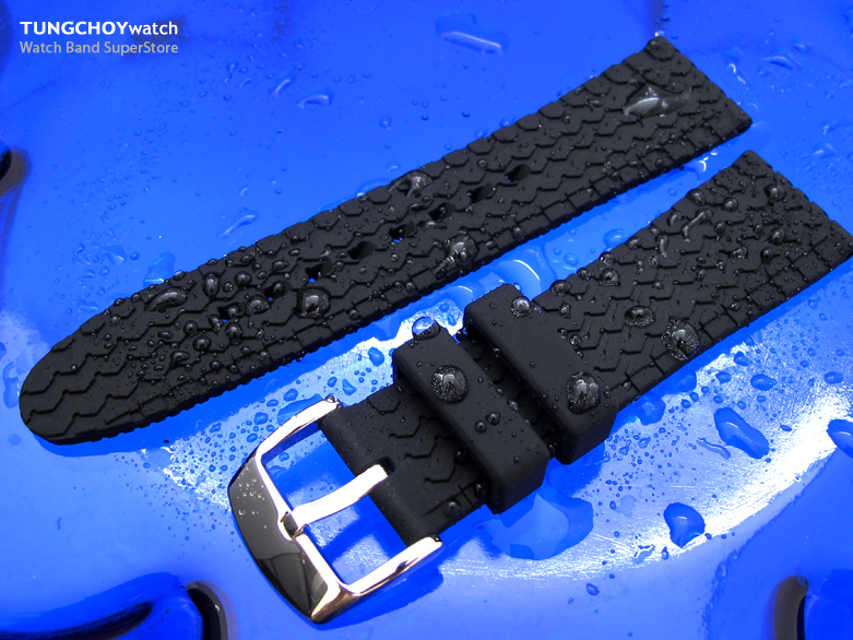 23mm Tire Tread Pattern Matte Black Silicone Soft Watch Strap on 316L SS Polished Buckle
