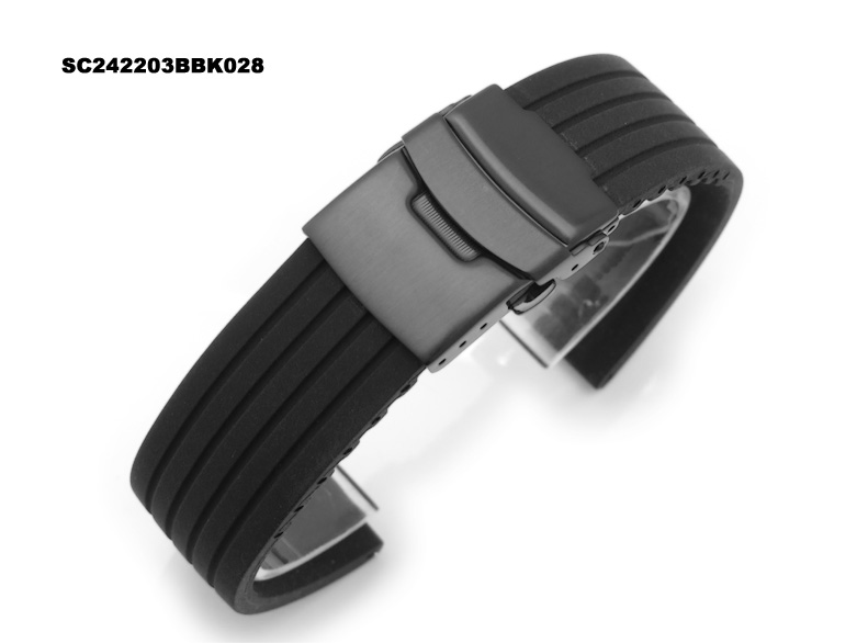 24mm Medium Soft Silicone Black 4 Groove Watch Band PVD Black Clasp