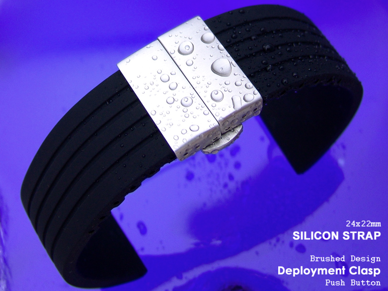 24mm Medium Soft Silicone Black 4 Groove Deployment Watch Band B