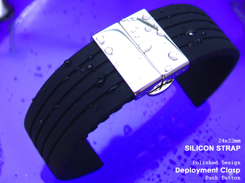 24mm Medium Soft Silicone Black 4 Groove Deployment Watch Band P