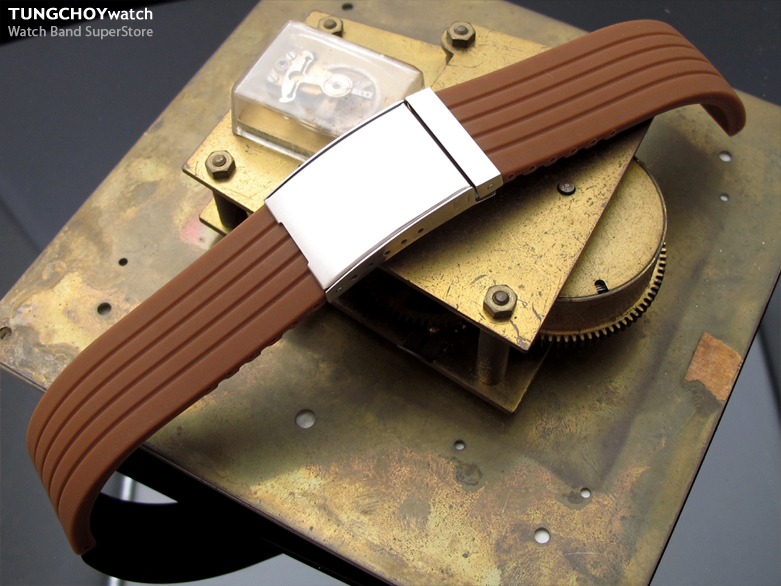 24mm 4 Groove Line Choco Silicone Watch Strap on OME seatbelt clasp