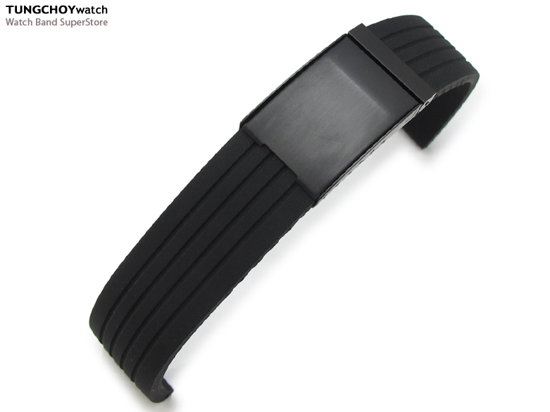 24mm 4 Groove Line Black Silicone Watch Strap on PVD Black OME seatbelt clasp