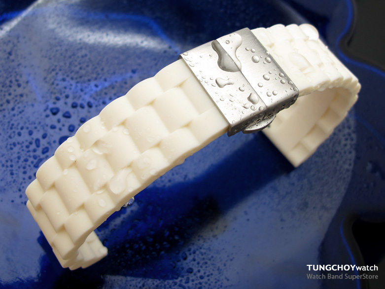 20mm Off White Oyster Style Silicone Watch Band Deployment Clasp for Sport Watch