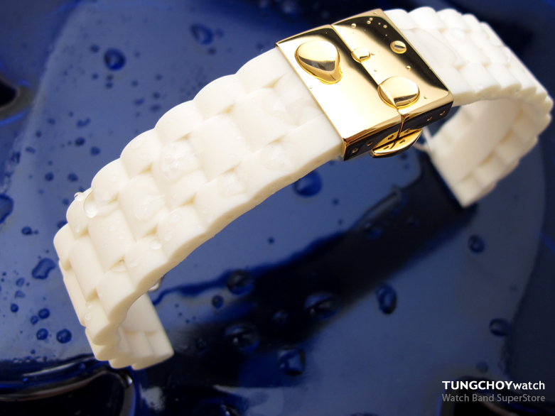 20mm Silicon Off White Oyster Band *Deployment Clasp for Sport Watch IP Gold