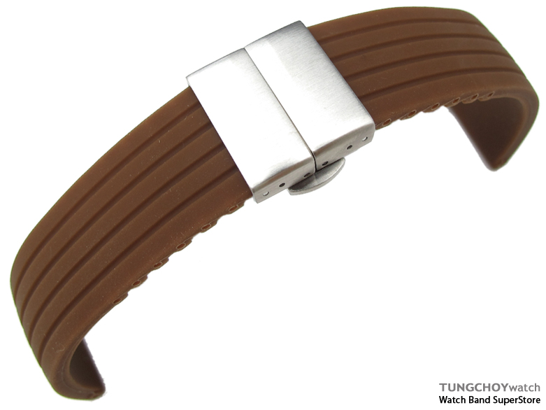 24mm 4 Groove Line Choco Silicon Watch Strap on Deployment Clasp, B