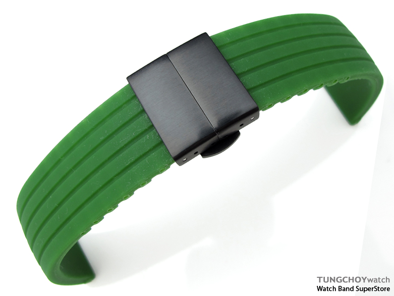 22mm 4 Groove Line Military Green Silicon Watch Strap on PVD Black Deployment Clasp, B