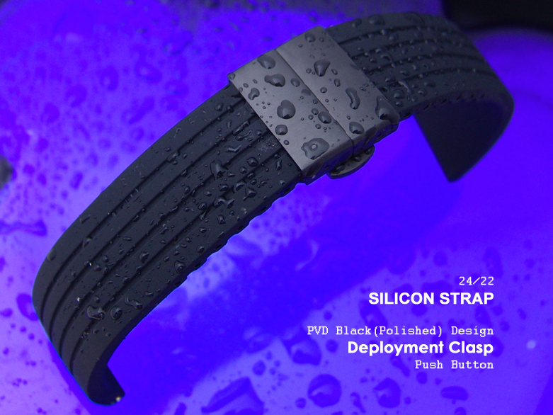 24mm Medium Soft Silicone Black 4 Groove PVD Black Deployment Watch Band B