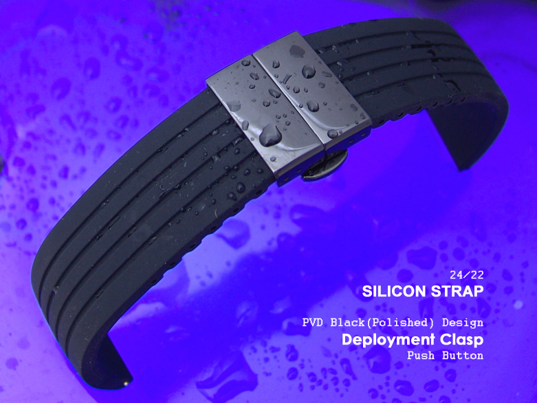 24mm Medium Soft Silicone Black 4 Groove PVD Black Deployment Watch Band P