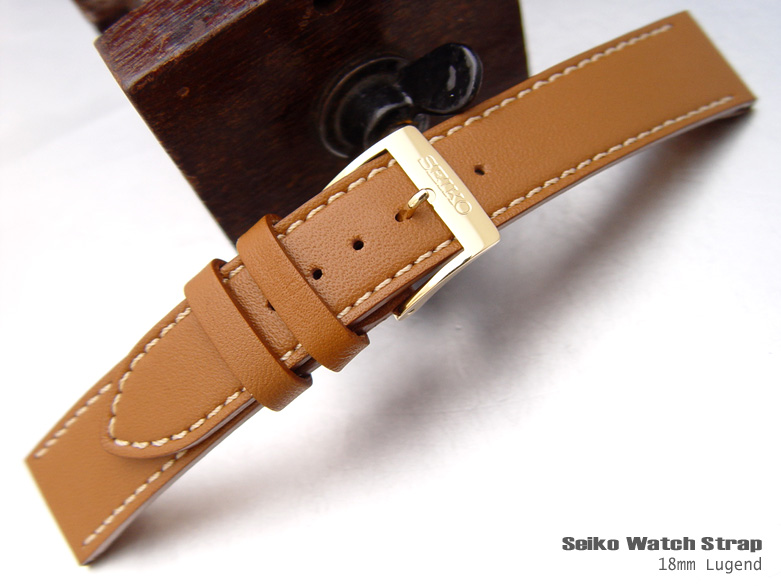 (SEI-LE18-172)SEIKO 18mm GENUINE LEATHER LIGHT BROWN WHITE STITCHING WATCH BAND,