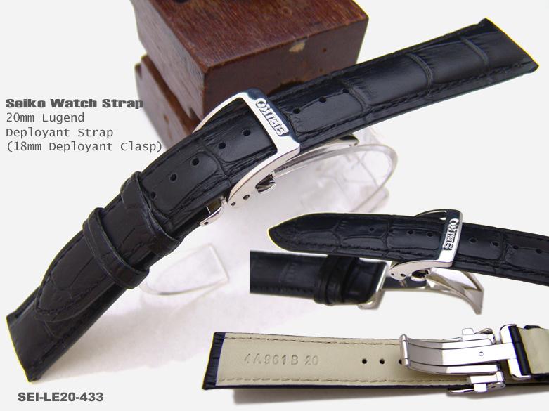 20mm SEIKO CALF Deployant Style Black Croco Grain Watch Strap
