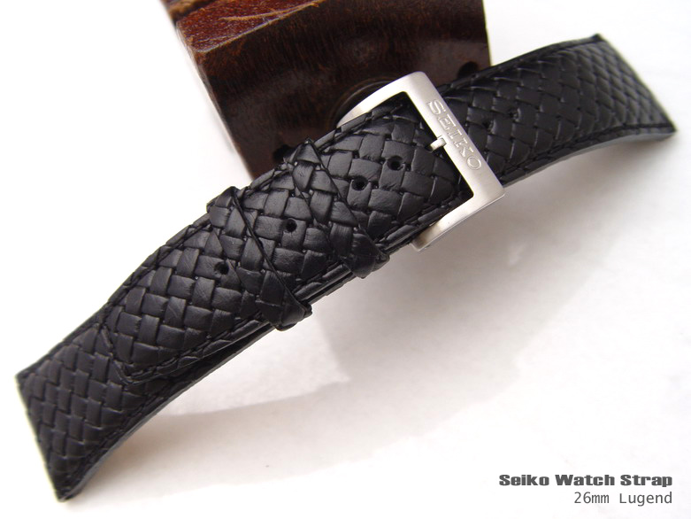 SEIKO 26mm Rattan Reief Genuine Leather Black Watch Band Strap