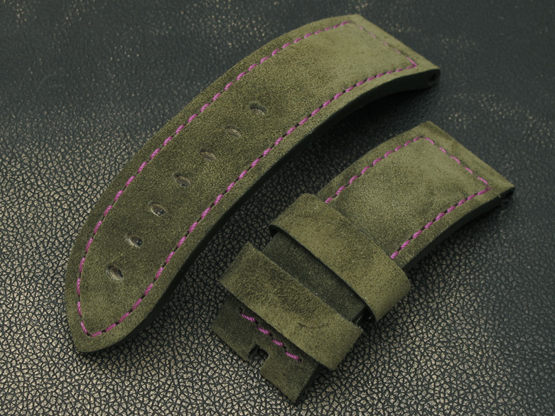 (SU242400PE004)24mm Military Green Suede Calf Watch Strap Purple Stitches