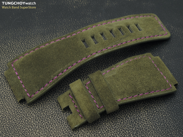 Bell & Ross BR01 Type 24mm Military Green Suede Replacement Watch Band Purple Stitches