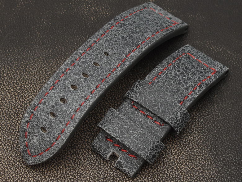 24mm Antique Crack Grey Vintage Series Watch Band Watch Strap Red S for Pin-Buckle Use