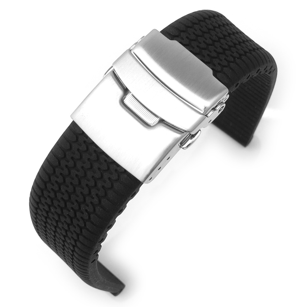 20mm Black Tire Tread Silicone Watch Band Diver Clasp for Sport Watch Band