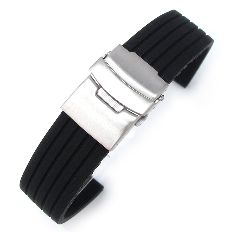 24mm Medium Soft Silicone Black 4 Groove Line Sport Watch Band