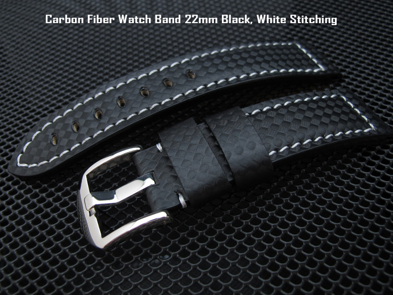 (CF222000WH018)Carbon Fiber Watch Band 22mm Black, White Stitching