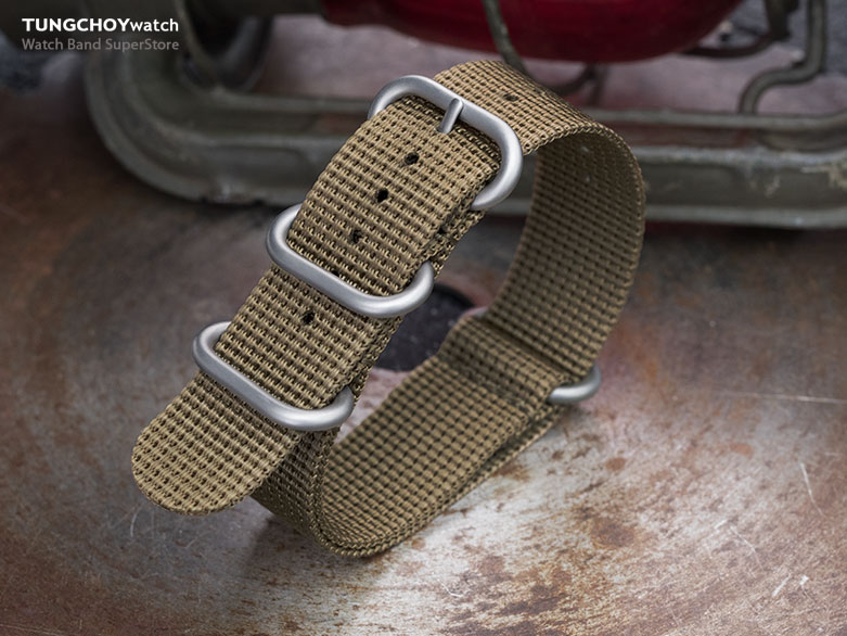 MiLTAT 22mm 3 Rings Zulu military watch strap 3D woven nylon armband - Khaki, Brushed Hardware