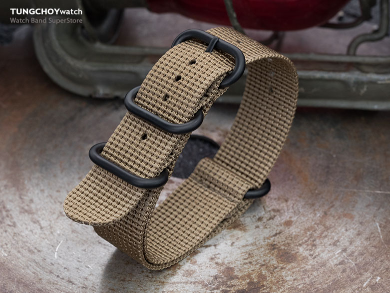MiLTAT 24mm 3 Rings Zulu military watch strap 3D woven nylon armband - Khaki, PVD Black Hardware